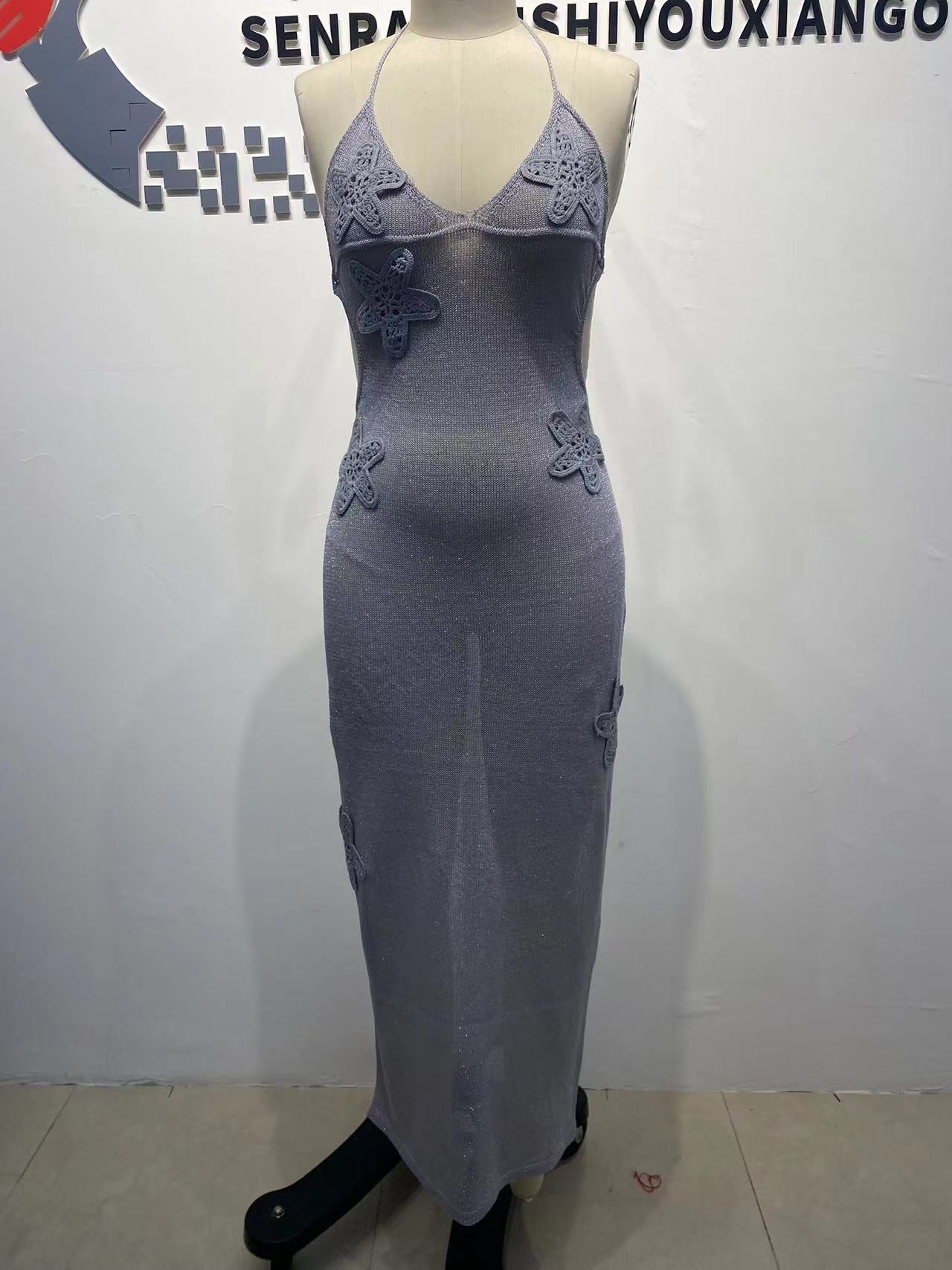 BKQU Fashion Glitter Backless Knit Long Dress Women Halter Lace-Up Sexy Embroidery See Through Party Dress 2025 Summer Lady Robe