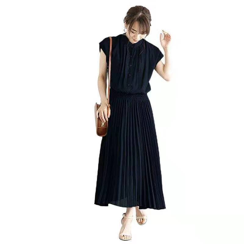 New Elegant Japanese Style Dress Comfortable Waist Trimming Short-sleeved Chiffon Dress Women