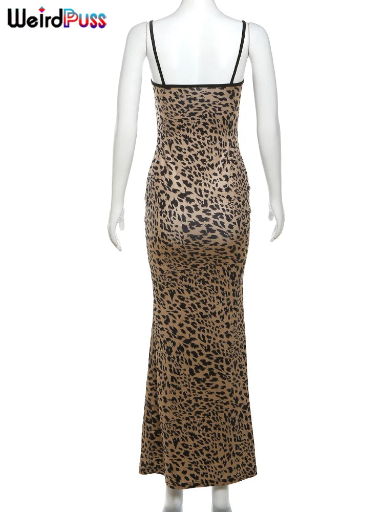 Weird Puss Spaghetti Strap Women Dress Leopard Print Sexy Sensual Backless Sleeveless Bodycon Summer Vacation Beach Partywear