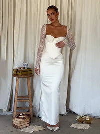 Moziision Lace Long Sleeve Sexy Maxi Dress For Women White Square Collar Backless Back Split Bodycon Club Party Long Dress
