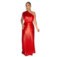 Elegant Women Even Dresses Luxury Maxi Long Metallic Pleated Dress One Shoulder Sleeveless Premium Shiny Shimmer Gowns