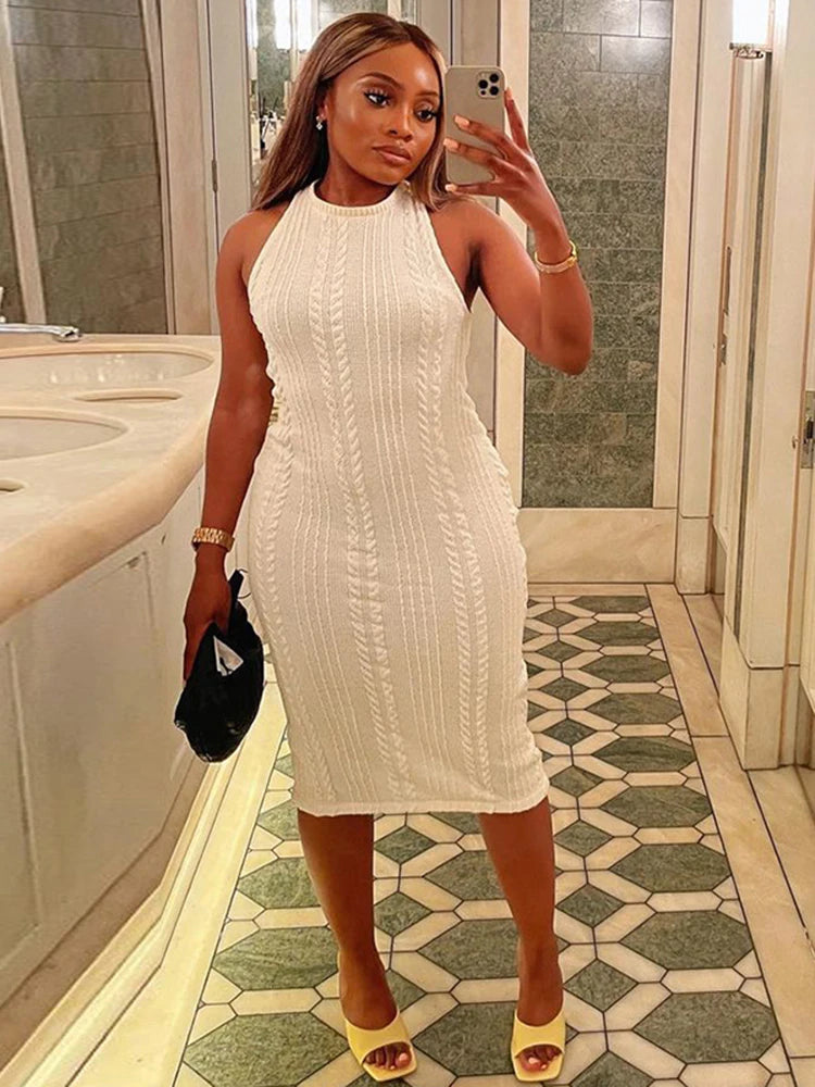 Hugcitar Crochet Sleeveless O-Neck Bodycon Solid Sexy Sweater Dress Summer Women Elegant Y2K Clothes Streetwear Party Club