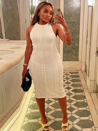 Hugcitar Crochet Sleeveless O-Neck Bodycon Solid Sexy Sweater Dress Summer Women Elegant Y2K Clothes Streetwear Party Club