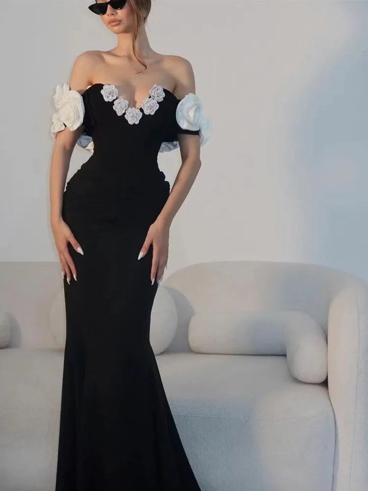Women Celebrity Summer Sexy Off Shoulder Black Flower Maxi Long Bodycon Bandage Dress 2024 Elegant Evening Club Party Outfit