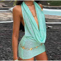 Sexy Sequin Halter Short Dress Women Backless Sleeveless Hip Package Party Dresses Female 2025 Summer Chic Night Club Robe Lady