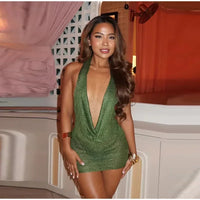 Sexy Sequin Halter Short Dress Women Backless Sleeveless Hip Package Party Dresses Female 2025 Summer Chic Night Club Robe Lady