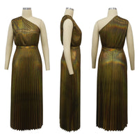 Elegant Women Even Dresses Luxury Maxi Long Metallic Pleated Dress One Shoulder Sleeveless Premium Shiny Shimmer Gowns