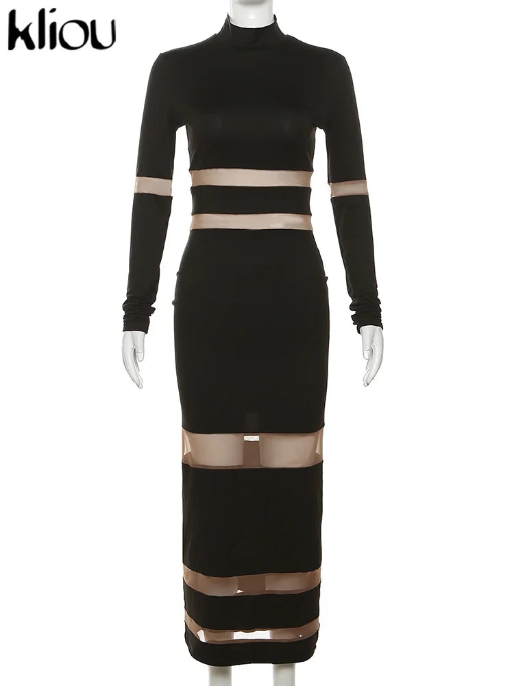 kliou Autumn Women Mesh Patchwork Maxi Dress Elegant Sexy See Through Long Sleeve O-neck Robe Party Female Trend Party Vestidos