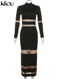kliou Autumn Women Mesh Patchwork Maxi Dress Elegant Sexy See Through Long Sleeve O-neck Robe Party Female Trend Party Vestidos
