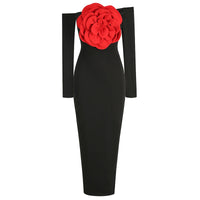 Women's New Sexy Black Decorative FlowerBreast wrapping Dress, Fashion Slim Fit Open Back Bottom Split Party Dress Long
