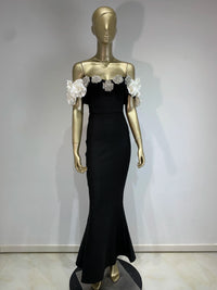 Women Celebrity Summer Sexy Off Shoulder Black Flower Maxi Long Bodycon Bandage Dress 2024 Elegant Evening Club Party Outfit
