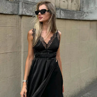 CUTENOVA  2025 Spring And Summer New Solid Color Sleeveless Lace Patchwork Sling High Split Dress Sexy Hottie Fashion Dresses