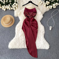 Chic Sequin Asymmetric Backless Slip Dress Sleeveless Korean Fashion Vestidos Women Vintage Summer Hip Wrap Dress
