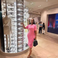 Joskaa Knitted Striped Buttons Round Neck Short Sleeve Body-Shaping Long Dresses for Women Birthday Party Clubwear Streetwear