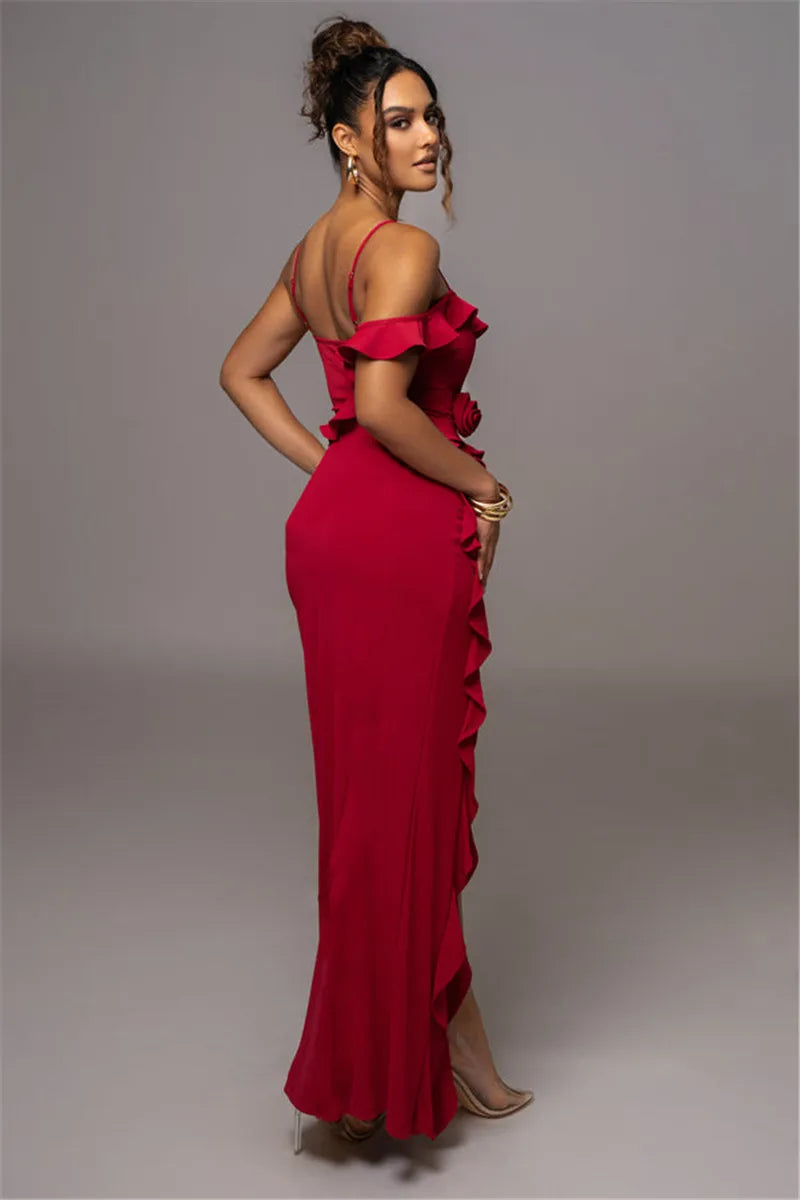 Mozision Elegant Ruffle Sexy Maxi Dress Women Spaghetti Strap Flower Sleeveless Backless High Split Club Party Evening Dress