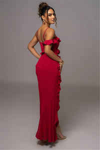 Mozision Elegant Ruffle Sexy Maxi Dress Women Spaghetti Strap Flower Sleeveless Backless High Split Club Party Evening Dress