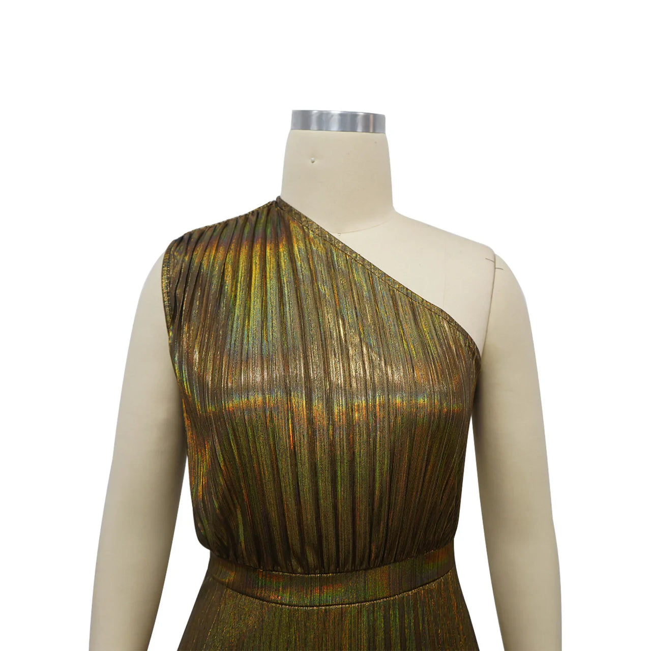 Elegant Women Even Dresses Luxury Maxi Long Metallic Pleated Dress One Shoulder Sleeveless Premium Shiny Shimmer Gowns