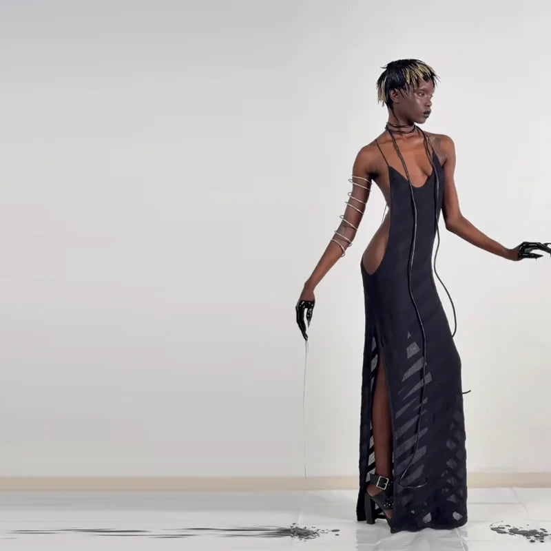 Sexy See Though Maxi Dress Backless Sleeveless Deep V Neck Long Robes Lace Up Party Mesh Dresses 2025 New Lady Vacation Clothing