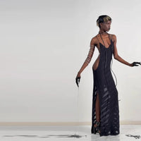 Sexy See Though Maxi Dress Backless Sleeveless Deep V Neck Long Robes Lace Up Party Mesh Dresses 2025 New Lady Vacation Clothing