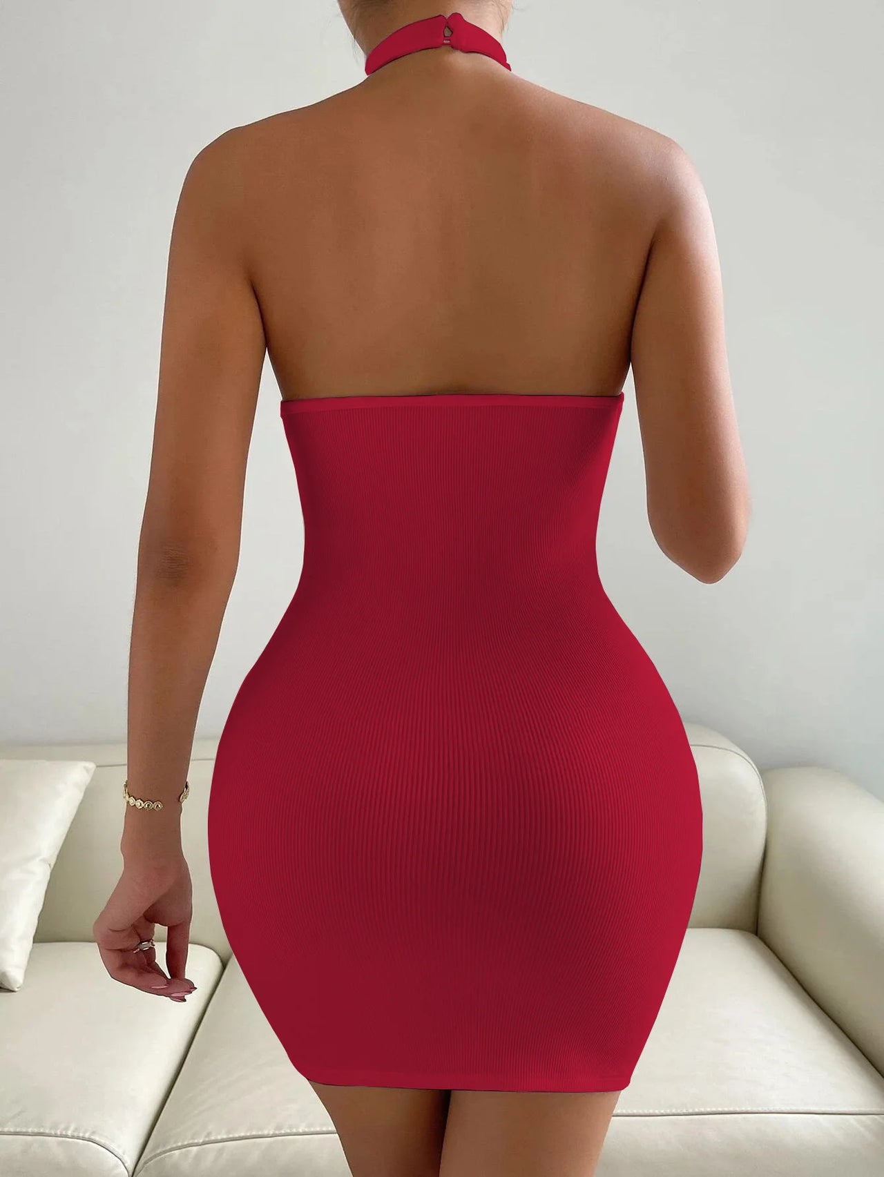 Sexy Knitted Halter Neck Mini Dresses Women Solid Color Bodycon Backless Knitwear Dress Fashion Streetwear Ladies Slim Vestidos