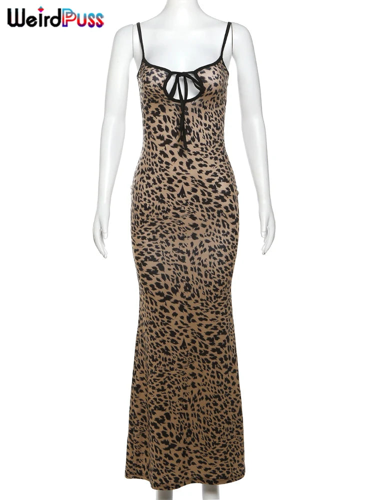 Weird Puss Spaghetti Strap Women Dress Leopard Print Sexy Sensual Backless Sleeveless Bodycon Summer Vacation Beach Partywear