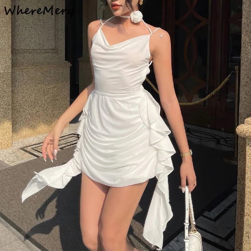 WhereMery Elegant Women Ruffles Backless Mini Dress Y2K Fashion Sleeveless Halter 2024 Summer Dresses Sexy Low-cut Tight Vestido