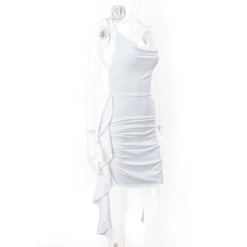 WhereMery Elegant Women Ruffles Backless Mini Dress Y2K Fashion Sleeveless Halter 2024 Summer Dresses Sexy Low-cut Tight Vestido