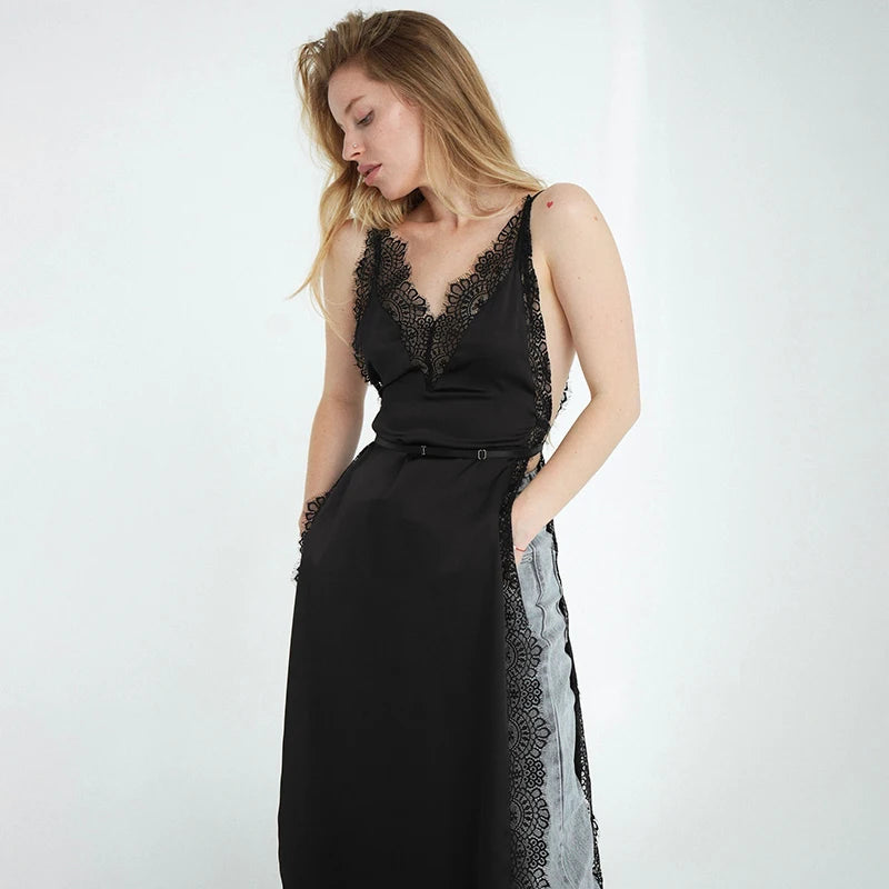 CUTENOVA  2025 Spring And Summer New Solid Color Sleeveless Lace Patchwork Sling High Split Dress Sexy Hottie Fashion Dresses