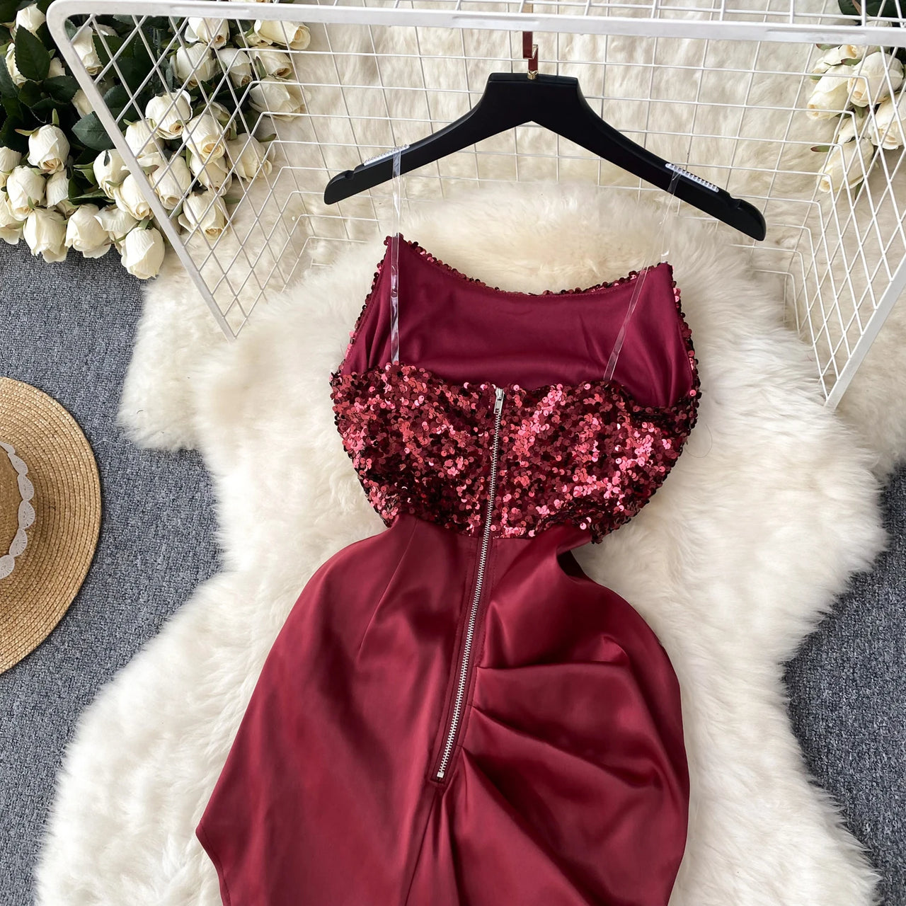 Chic Sequin Asymmetric Backless Slip Dress Sleeveless Korean Fashion Vestidos Women Vintage Summer Hip Wrap Dress