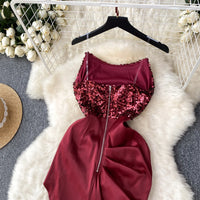 Chic Sequin Asymmetric Backless Slip Dress Sleeveless Korean Fashion Vestidos Women Vintage Summer Hip Wrap Dress