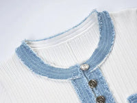 Elegant Contrasting Women Knit Maxi Dress Chic O-neck Short Sleeve Metal Buttons Bodycon Dresses Office Lady Commuting Robe