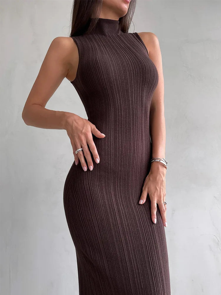 Tossy Sleeveless Knitwear Turtleneck Long Dress Female Slim Elegant Fashion Autumn 2023 Ribbed Knit Dress For Women Maxi Dress