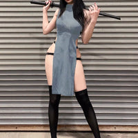 Goth Dark Cosplay High Split Side Sexy Sleeveless Dresses Gothic High Waist Y2k Slim Women Dress Harajuku Summer Night Clubwear