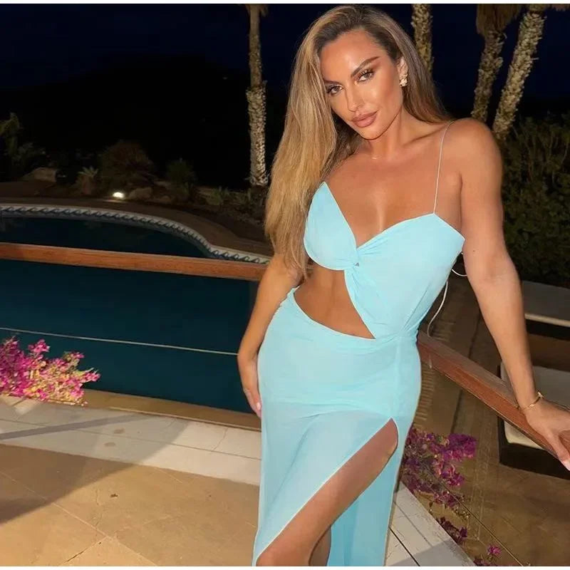 Vacation Hollow Out Mesh Long Sling Dress For Women Y2k Irregular Sleeveless Side Split Beach Suspender Dress Lady Evening Robe