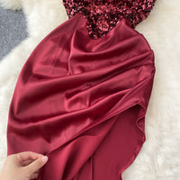 Chic Sequin Asymmetric Backless Slip Dress Sleeveless Korean Fashion Vestidos Women Vintage Summer Hip Wrap Dress