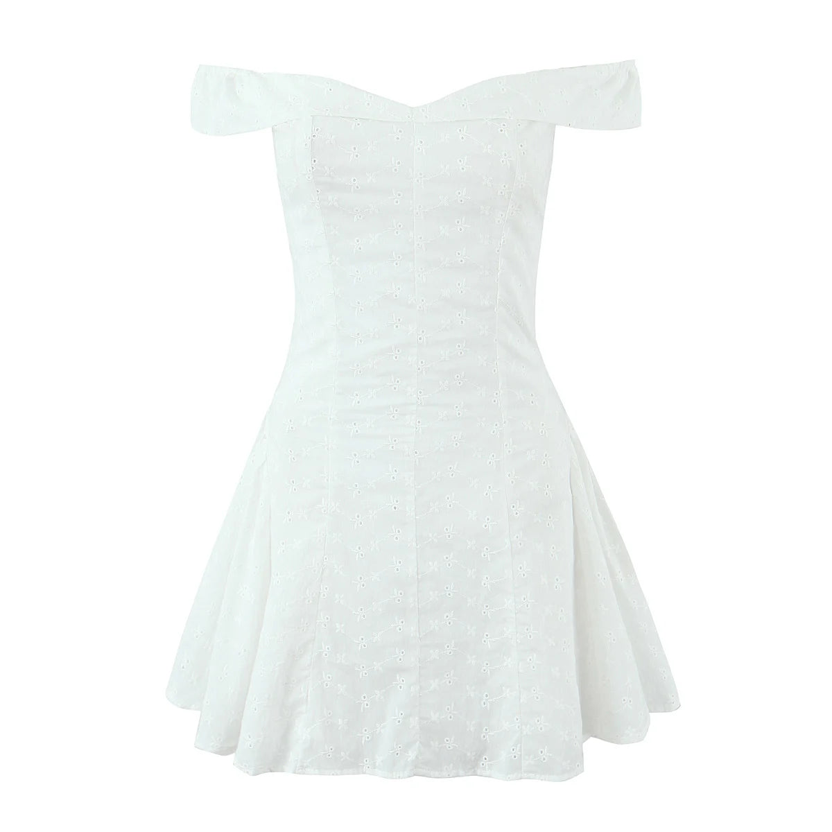 Sexy White Embroidery Flower Roll up Collar Off Shoulder Low Waist Ruched Pleated Swing Mini Dress Women Sexy Summer Robe Party