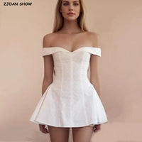 Sexy White Embroidery Flower Roll up Collar Off Shoulder Low Waist Ruched Pleated Swing Mini Dress Women Sexy Summer Robe Party