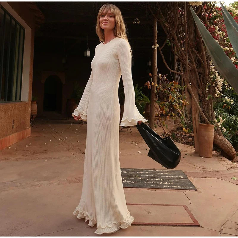 Women's Chic Ruffles Backless Lace Up Knitted Maxi Dress Elegant Round Neck Flare Long Sleeve Vestido 2024 Lady New Fashion Robe