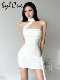 Sylcue Summer Bachelor Party White Simple Elegant Mature Beautiful Confident Feminine Sexy Women's Short Tight Dress