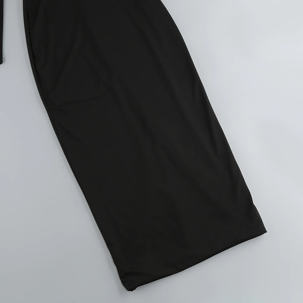 Women's New Sexy Black Decorative FlowerBreast wrapping Dress, Fashion Slim Fit Open Back Bottom Split Party Dress Long