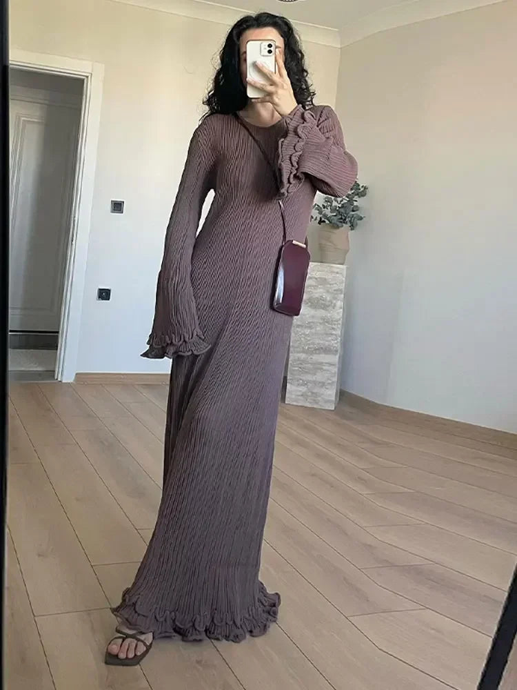 Women's Chic Ruffles Backless Lace Up Knitted Maxi Dress Elegant Round Neck Flare Long Sleeve Vestido 2024 Lady New Fashion Robe