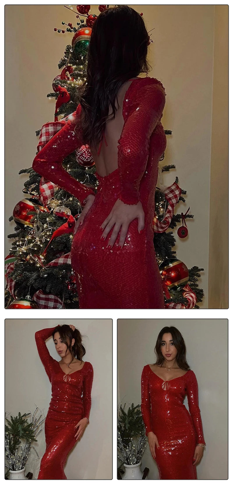 VC Summer New Women's Sexy Deep V-Neck Sequins Long Dress Long Sleeves Cut Out Strings Tied Elegant Luxury Celebrity Party Gowns