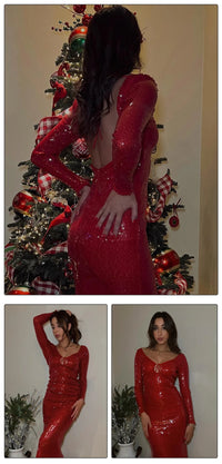 VC Summer New Women's Sexy Deep V-Neck Sequins Long Dress Long Sleeves Cut Out Strings Tied Elegant Luxury Celebrity Party Gowns