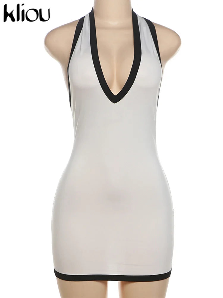 kliou Halter Women Dresses Classic New Panelled Trim Backless V-neck Body-shaping Simple Vestidos Female Summer Thin Streetwear