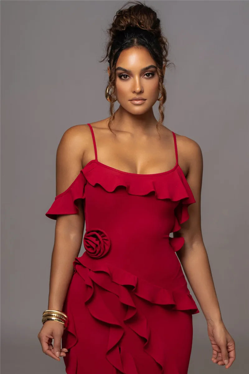 Mozision Elegant Ruffle Sexy Maxi Dress Women Spaghetti Strap Flower Sleeveless Backless High Split Club Party Evening Dress