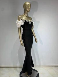 Women Celebrity Summer Sexy Off Shoulder Black Flower Maxi Long Bodycon Bandage Dress 2024 Elegant Evening Club Party Outfit