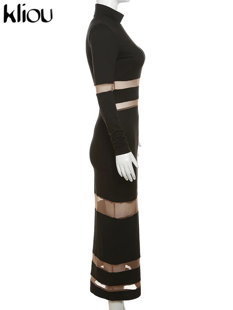 kliou Autumn Women Mesh Patchwork Maxi Dress Elegant Sexy See Through Long Sleeve O-neck Robe Party Female Trend Party Vestidos