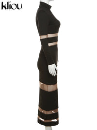 kliou Autumn Women Mesh Patchwork Maxi Dress Elegant Sexy See Through Long Sleeve O-neck Robe Party Female Trend Party Vestidos