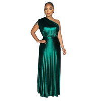 Elegant Women Even Dresses Luxury Maxi Long Metallic Pleated Dress One Shoulder Sleeveless Premium Shiny Shimmer Gowns