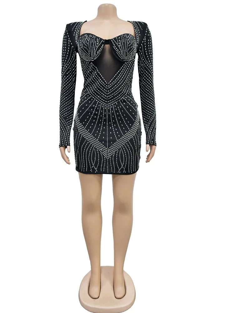 Beyprern Beautiful Black Rhinestone Padded Mini Dress Your Distraction Diamonds Party Dress Birthday Outfits Night Out Wear Robe